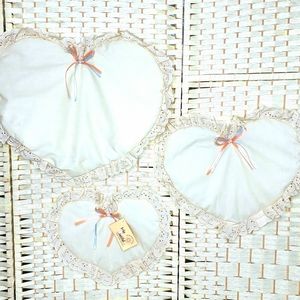 Set Of 3 Vintage Baby Beautiful Cotton & Eyelet Lace Heart Wall Hangings 14-21"